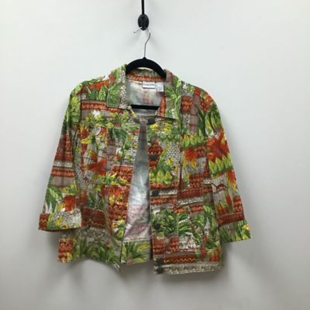 Chicos Womens Jacket Coat Green Multicolor Floral Buttons Pockets Collar L